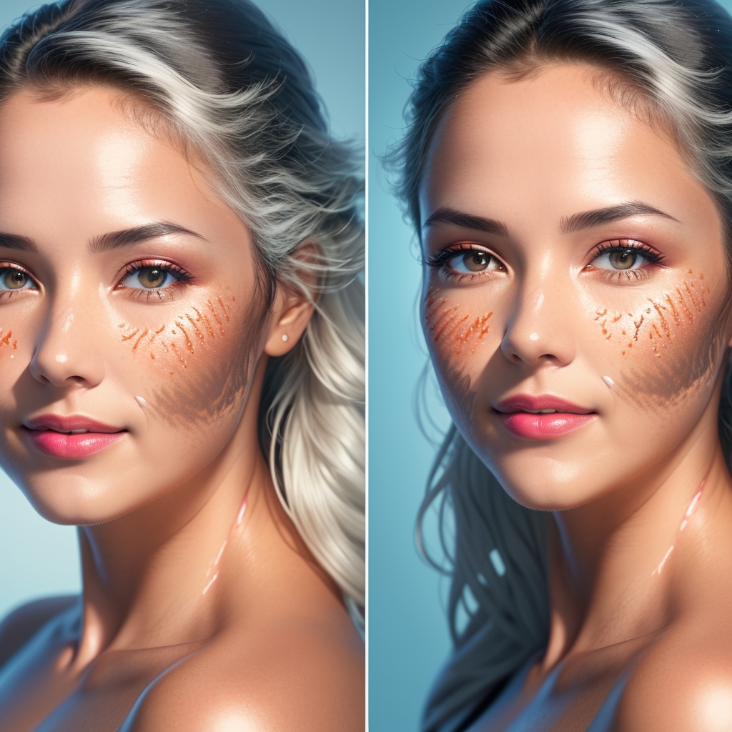 "An illustrated before and after of sun-damaged skin revitalized by advanced dermatological treatment"