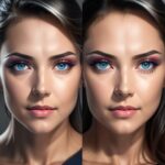 "Create an image of a split screen before and after visualization of an individual's eye area who has undergone traditional and laser blepharoplasty."